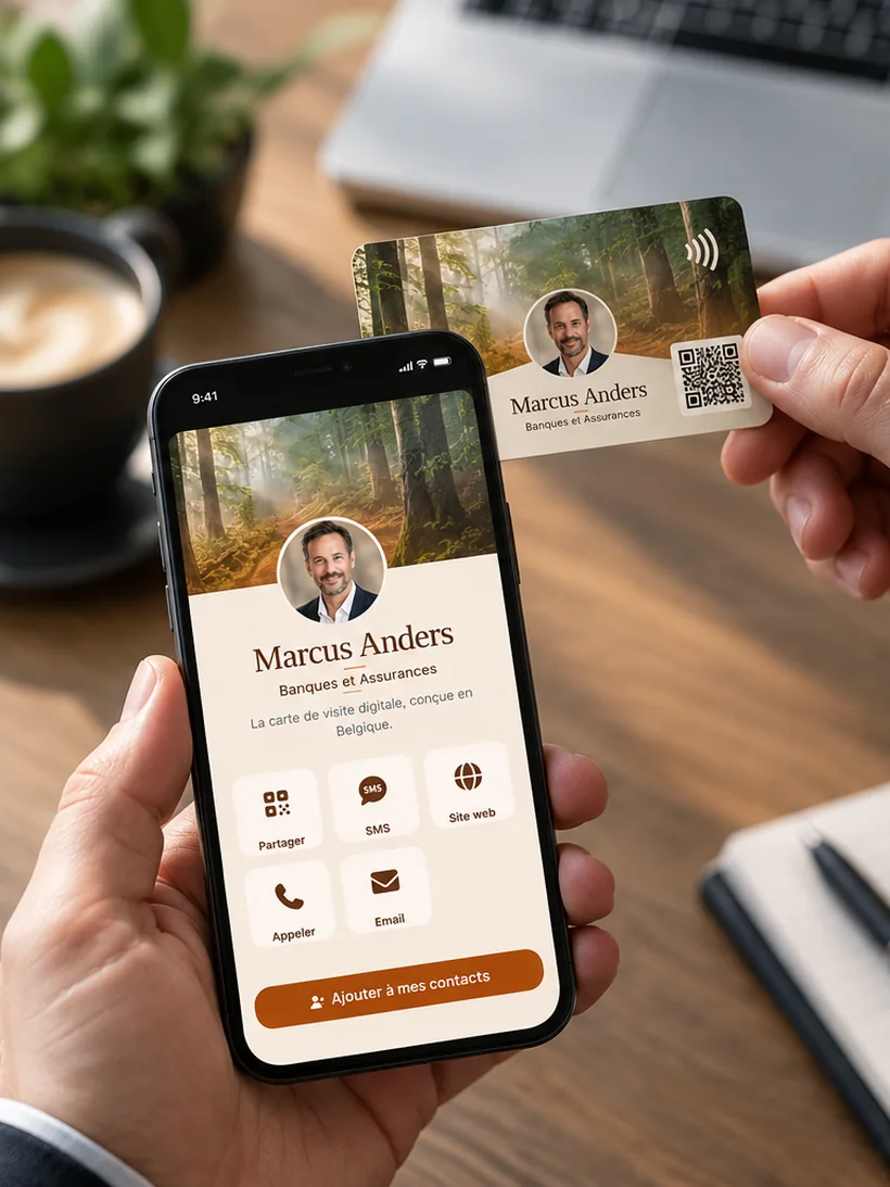 Carte de visite digitale bloo.Cards partagée par NFC et QR code, conçue en Belgique